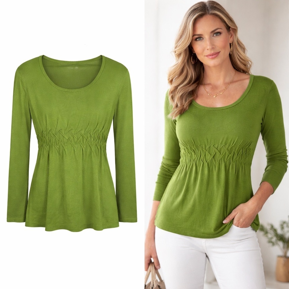 Etcetera Green Silk Blend Long Sleeve Top | Smocked Waist | Lightweight Knit